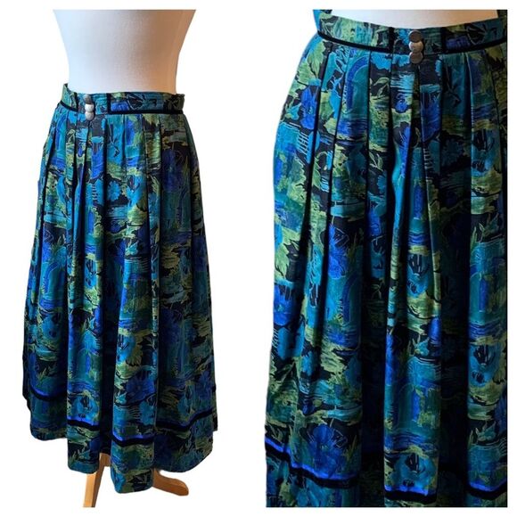 Vintage Alphorn Blue Green Floral Octoberfest Lined Box Pleats Maxi Skirt - Med - Picture 5 of 9